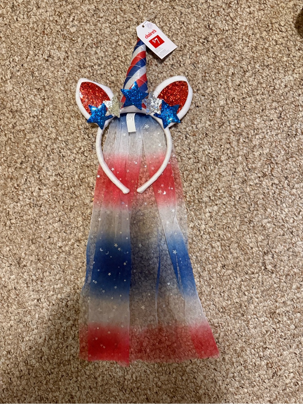 Red, White & Blue Glitter Unicorn Headband with Star Veil